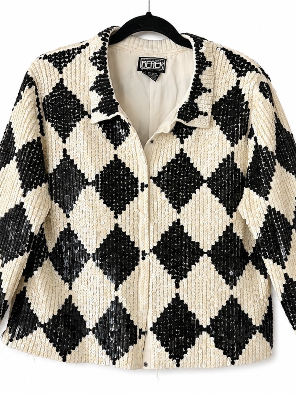 Vintage BEREK 2 Takako Sakon Black & Ivory Sequin Argyle Jacket XL - Picture 3 of 12